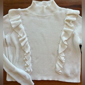 525 America Sweater Womens M Mock Neck, Ruffles 100% Cotton Cream Classic